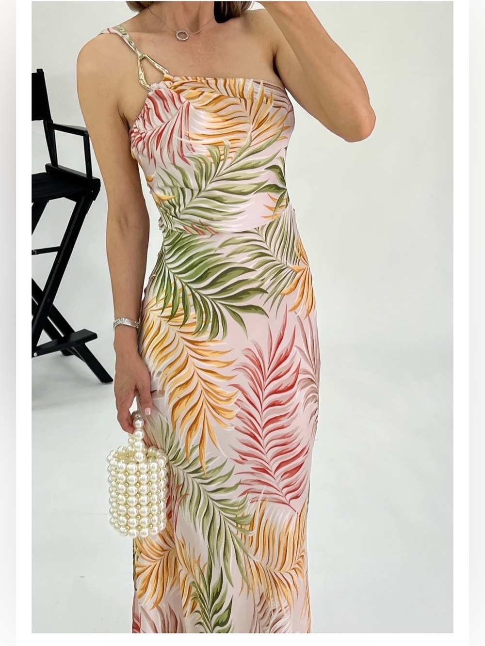 One-Shoulder Tropical Leaf Maxi Dress in Pink, Green & Gold Tones - Picture 3 of 8